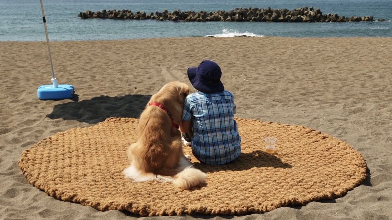 丸型のココペーバーの上に座る子どもと犬
